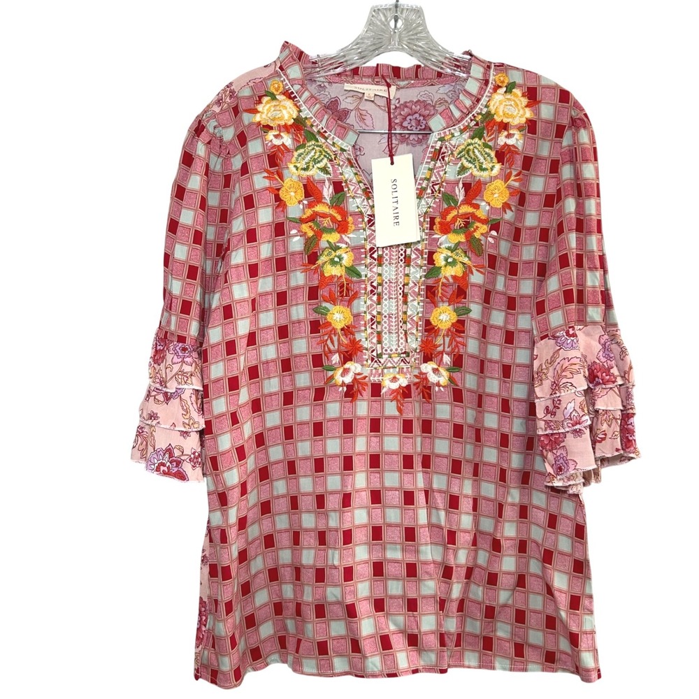 NWT Solitaire Womens Embroidered Tunic Top Red Blue Plaid Bell Sleeve Floral L